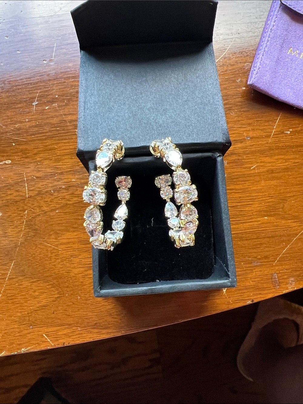 Melinda Maria Gold Baguette Hoop Earrings with Clear Stones - Picture 2 of 2